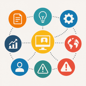 Schemat powiązanych elementów systemu zarządzania: dokumentacja, pomysły, procesy, globalny kontekst, analiza ryzyk, rozwój oraz działania operacyjne.