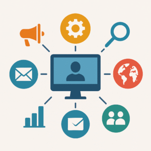 Grafika przedstawiająca centralny system komunikacji w organizacji oraz powiązane elementy: wyszukiwanie, globalny kontekst, marketing, korespondencję, analizę wyników, procesy i współpracę zespołową.