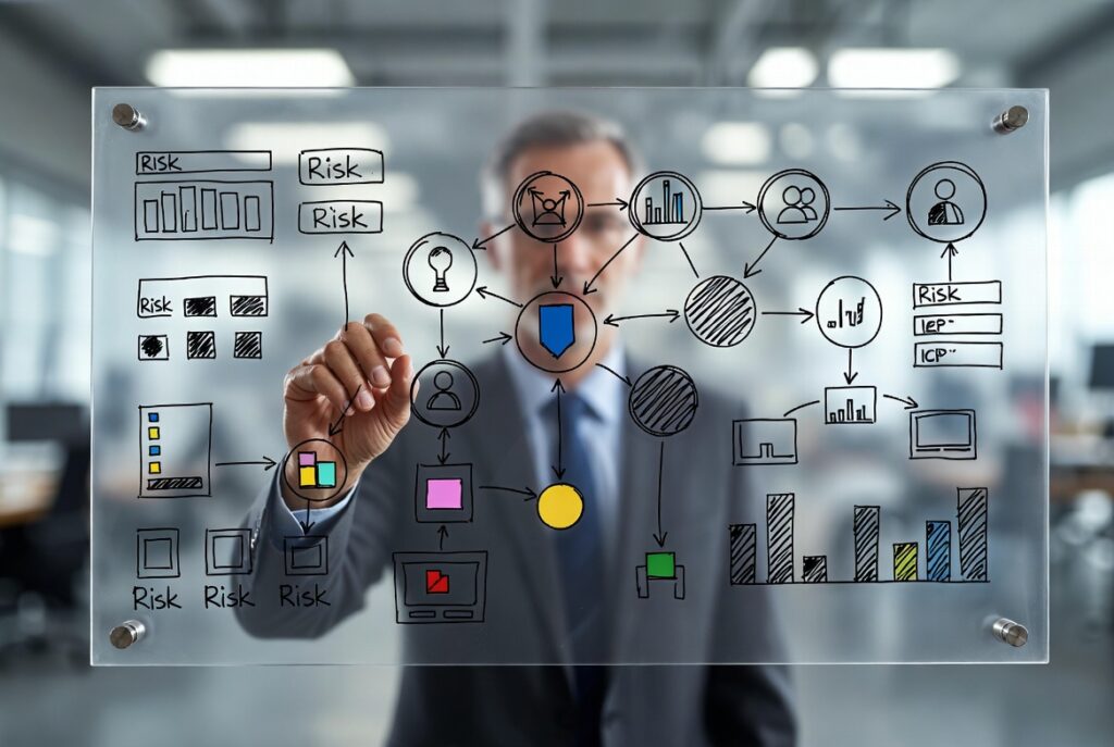 Schemat analizy ryzyka pokazujący identyfikację, ocenę i powiązania ryzyk z procesami, danymi oraz działaniami w organizacji