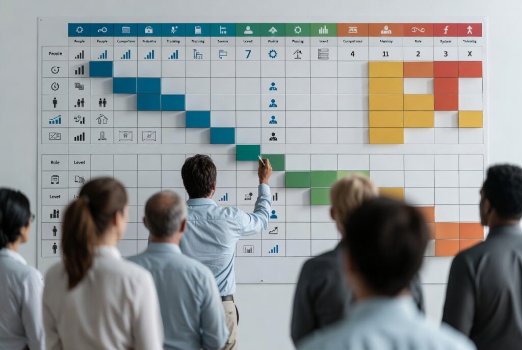 Zespół pracowników analizujący matrycę kompetencji przedstawiającą poziomy umiejętności, role oraz wymagania kompetencyjne w organizacji