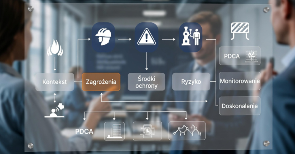 Schemat analizy zagrożeń, środków ochrony i oceny ryzyka w systemie BHP zgodnym z ISO 45001, przedstawiony w formie diagramu procesowego.