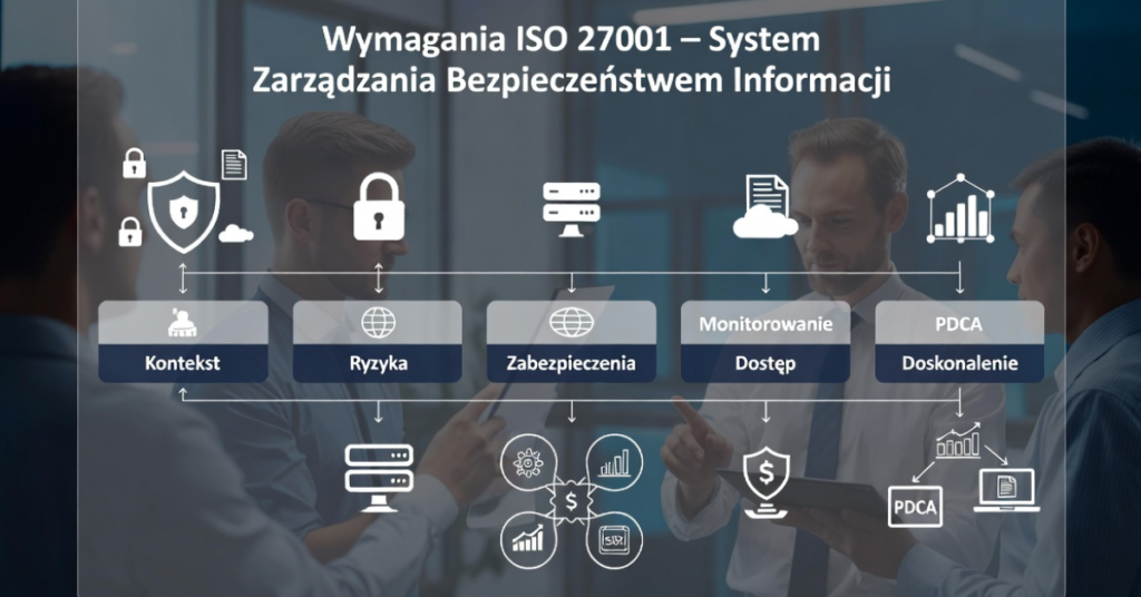 Diagram przedstawiający główne wymagania ISO 27001: kontekst, ryzyka, zabezpieczenia, monitorowanie dostępu oraz doskonalenie w cyklu PDCA.