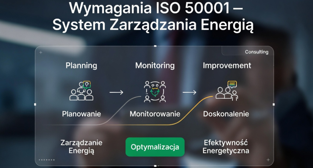 Schemat cyklu PDCA (Planowanie, Monitorowanie, Doskonalenie) w systemie zarządzania energią zgodnym z normą ISO 50001.