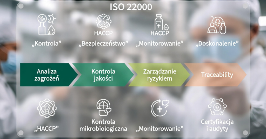 Schemat procesów zarządzania bezpieczeństwem żywności, obejmujący analizę zagrożeń, kontrolę jakości, zarządzanie ryzykiem oraz traceability, zgodnie z wymaganiami ISO 22000.