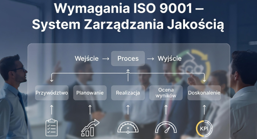 Grafika przedstawiająca model wymagań ISO 9001, obejmujący wejście, proces i wyjście oraz kluczowe etapy: przywództwo, planowanie, realizację, ocenę wyników i doskonalenie.