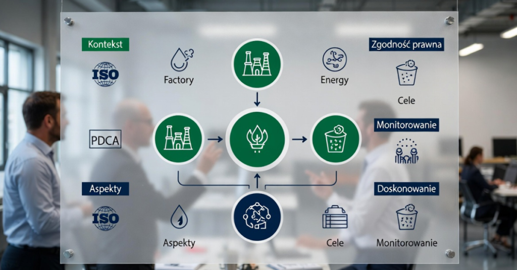 Schemat systemu zarządzania środowiskowego przedstawiający powiązania między kontekstem organizacji, aspektami środowiskowymi, celami, monitorowaniem, zgodnością prawną i doskonaleniem – zgodnie z cyklem PDCA ISO 14001.
