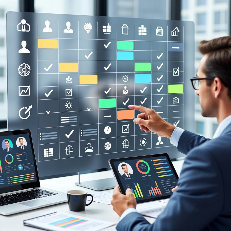 Interaktywna matryca kompetencji pokazująca poziomy umiejętności pracowników, spełnienie wymagań i luki kompetencyjne w organizacji