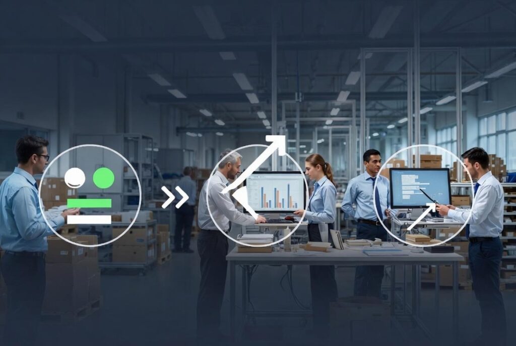 Realizacja celów jakościowych w organizacji przedstawiona jako proces od stanu początkowego przez działania operacyjne do osiągnięcia rezultatu